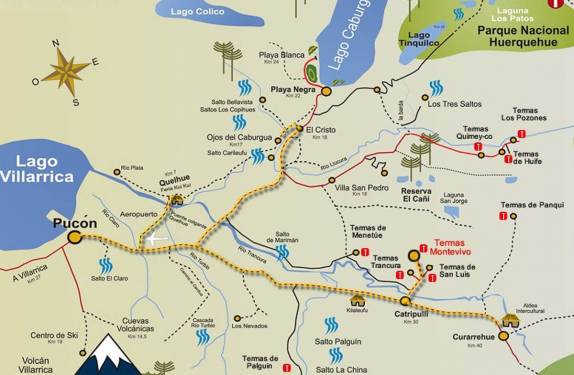 Mapa turístico de Pucón, no sul do Chile. Aí aparecem algumas das principais atrações da região, como o vulcão Villarrica, inúmeros saltos e termas, e o vale do rio Caburgua, onde se destaca a cachoeira conhecida como Ojos del Caburgua